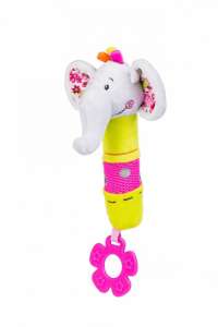 BabyOno Elephant Plush Rattle with Teether, Soft and Squeaky Toy for Babies - Chewing gum
