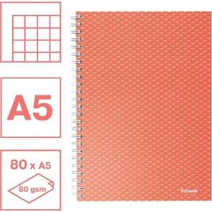 Esselte ColourBreeze A5 grid notebook, coral color, 80 sheets, 160 pages - Office Supplie & Stationery
