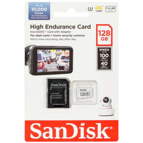 SanDisk High Endurance 128GB microSDXC карта с адаптер, за автомобилни камери и камери за домашна сигурност