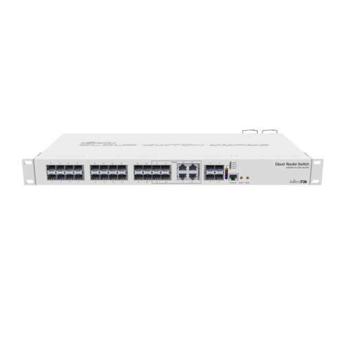 Switch-ul router cloud MikroTik CRS328-4C-20S-4S+RM rackmount, vedere din față, care prezintă 20 de porturi SFP, 4 porturi SFP+ și 4 porturi combo