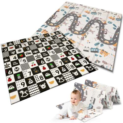 Nukido składana dwustronna Mata do Zabawy 180x200cm - Liczby i Pojazdy #czarno-biała