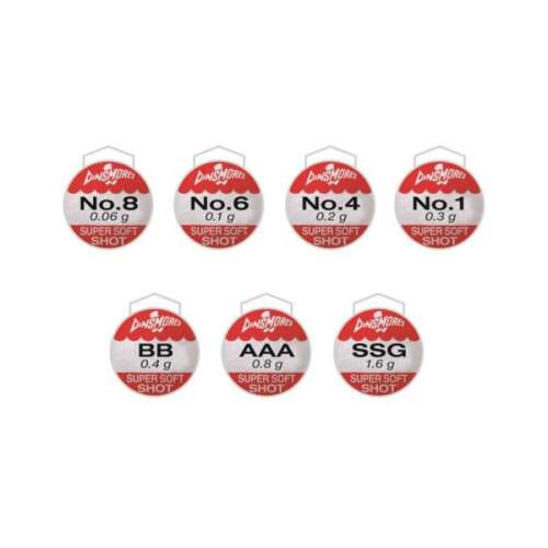 Dinsmores Super Soft Shot ólomméret táblázat, a különböző ólomméretek és súlyok bemutatása horgászathoz
