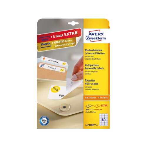 Avery Zweckform L4732REV-25 2400db visszaszedhető univerzális címke, 35,6x16,9mm, 80 címke/lap, 25 ív/doboz
