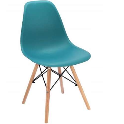 Skandináv stílusú szék, műanyag, fém, fa, türkizkék, 46x52x81 cm, Eva 75162669