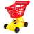 Czerwony i żółty plastikowy wózek na zakupy dla dzieci