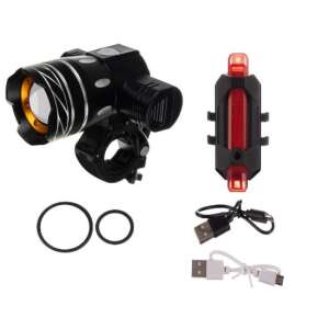 Trizand bicycle light set with front and rear lights, USB rechargeable, 7 light modes, CREE XM-L T6 LED - Bicycle Light