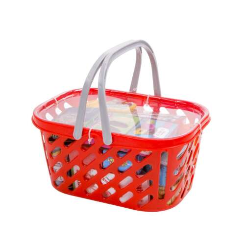 Red plastic shopping basket with pretend food for kids, grocery shopping playset