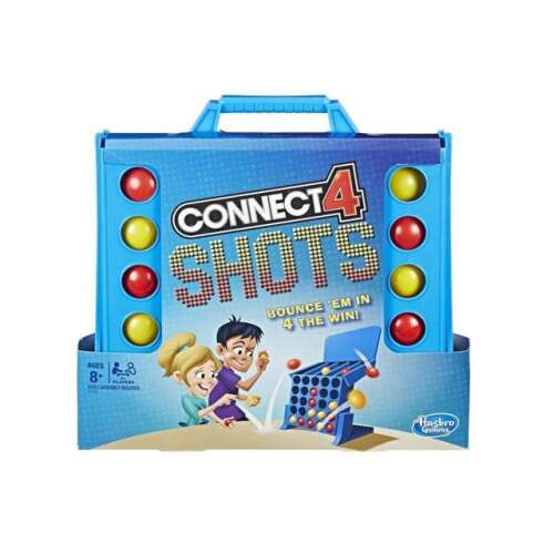 Connect 4 Shots társasjáték a Hasbro-tól, ügyességi játék labdákkal és felállítható játéktérrel, kék és sárga labdák, kék játéktábla, Connect 4 Shots logó