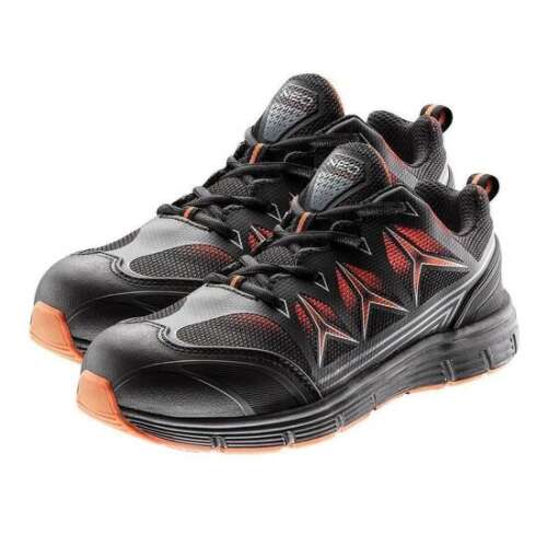 NEO munkavédelmi cipő, fekete narancssárga betétekkel, 40-es méret, fémmentes, SRC tanúsítvánnyal