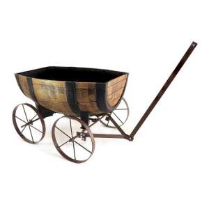 Strend Pro Barrel Planter on Wheels, 41.5x29x19 cm, brown wooden barrel with black accents, metal wheels and handle - Flower Pot