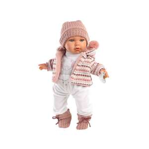 Llorens Julia 42cm crying baby doll in elephant print dress, wearing a hat, jacket, and booties - LLorens