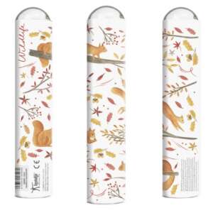 Londji Kaleidoscope, Squirrels in the Forest, a cylindrical kaleidoscope with a clear plastic tube and a colorful design featuring squirrels and autumn leaves - Kaleidoscope