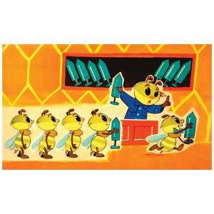 Ilustracja z filmu slajdowego "Nasycona pszczoła", przedstawiająca pszczołę z słoikiem miodu - Film slajdowy