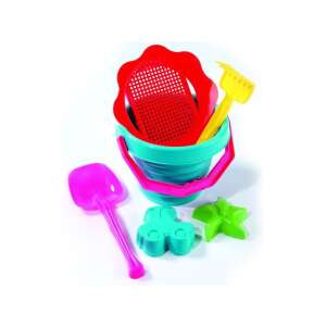 Színes műanyag homokozó vödör és lapát szett gyerekeknek, formákkal, gereblyével és szitával - Felfújható játék & Strandjáték