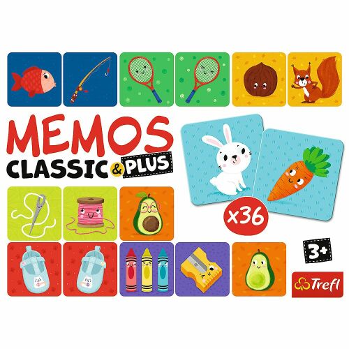Trefl Memos Classic & Plus Pary Logiczne gra pamięciowa pudełko widok z przodu