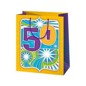 Pungă cadou pentru aniversarea a 50 de ani, Pungă cadou galbenă și violetă cu design 50 - Ambalaje cadouri