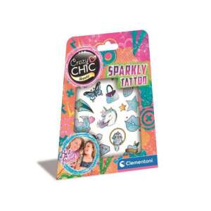 Crazy Chic Glitzer-Tattoo-Set von Clementoni, mit einer Auswahl an glitzernden temporären Tattoos mit Designs wie einem Einhorn, Schmetterling und Sternen. - Clementoni