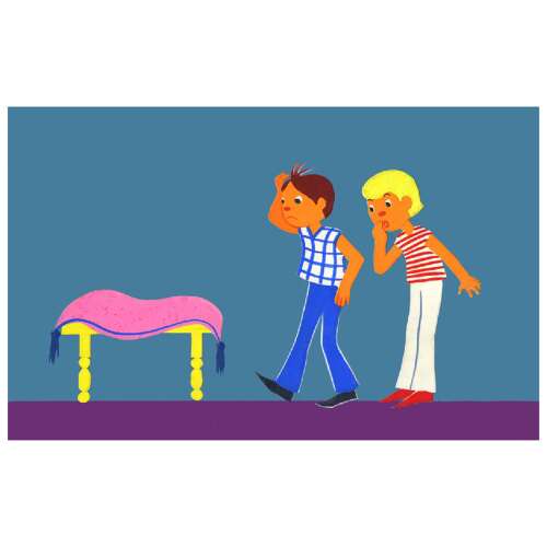 Illustration from the Boribon diafilm, showing two children looking at a pink cushion on a yellow stool