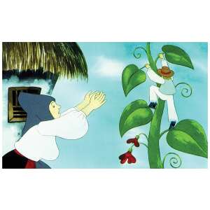 Ilustrație pentru diafilmul "Az égig érő paszuly", o femeie care se uită la un băiat care se cațără pe o tulpină de fasole - Filme diapozitive