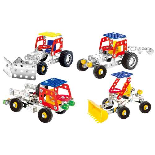 Fém építőjáték gyerekeknek, 407 darab, 4 különböző munkagép építhető belőle, tartalmaz csavarhúzót, anyákat és csavarokat