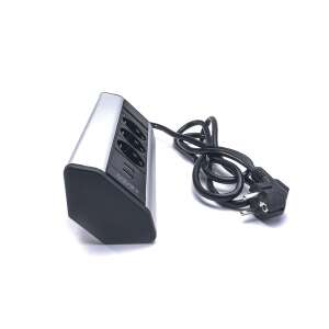 TOO VPS-315-3S IP20 silver table-mounted power strip with 3 outlets and 2 USB ports, angled view - Power Strip