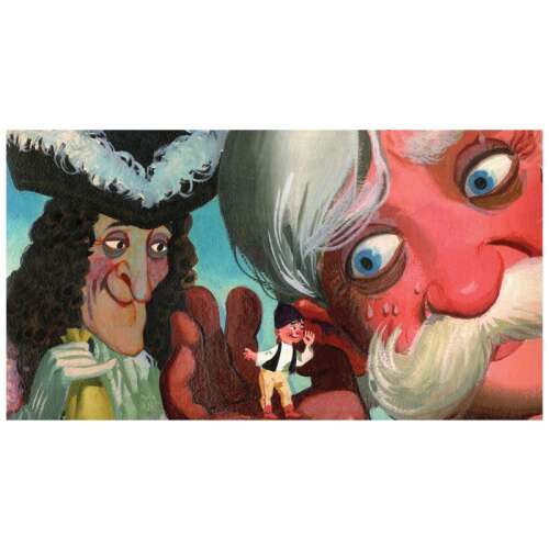 Illustration from the Babszem Jankó diafilm, showing Jankó being held by the king