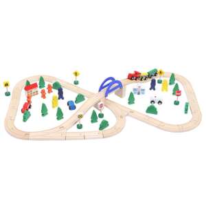 Zestaw drewnianych pociągów z torami, mostem i akcesoriami - Gra