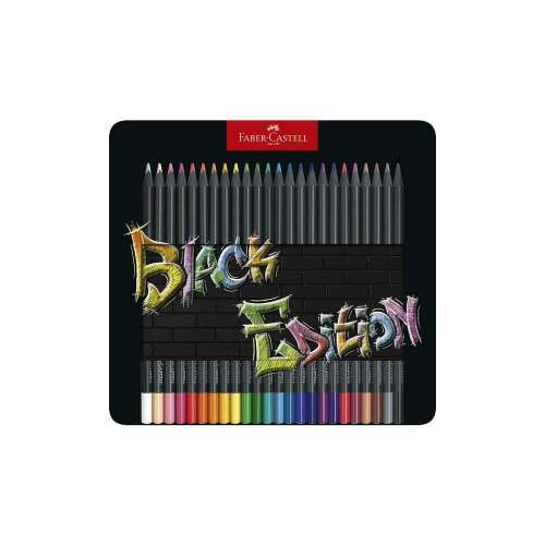 Faber-Castell Black Edition színes ceruzák, 24 szín, fekete fa, fém doboz