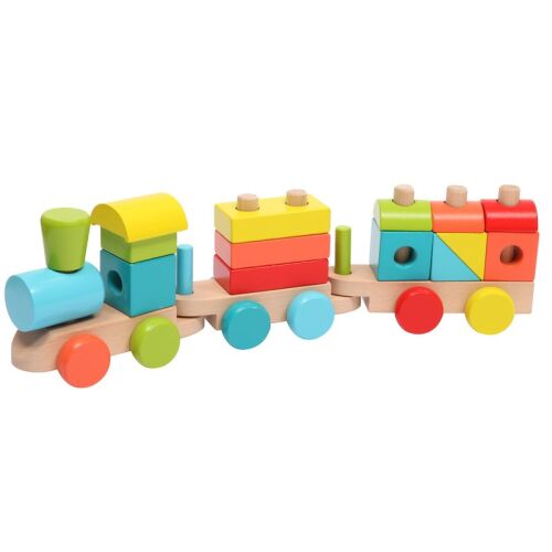 Set tren din lemn, 14 piese, jucărie colorată cu blocuri de construcție