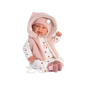 Llorens Tina 44cm crying baby doll in pink hooded vest, sitting, wearing a white onesie with red hearts, pink knitted booties, and a pacifier - LLorens