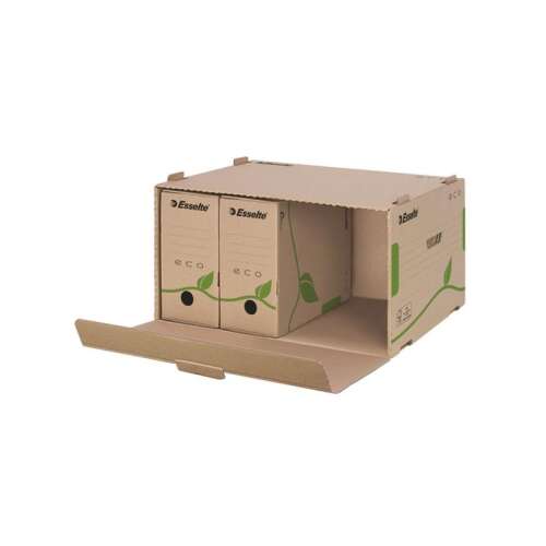 Esselte Eco barna archiváló konténer, előre nyíló, nyitott fedéllel, belül látható a dokumentumok tárolására szolgáló hely