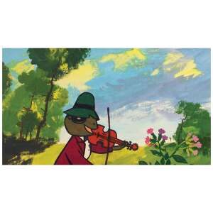 Świerszcz i mrówka, klasyczna węgierska bajka dla dzieci, zilustrowana ramka diafilmu przedstawiająca świerszcza grającego na skrzypcach - Film slajdowy