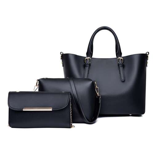 Dollcini 3-piece handbag set, black tote bag, shoulder bag, and clutch, perfect for everyday use