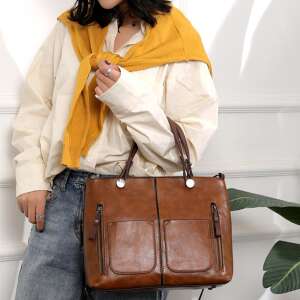 Női barna PU bőr kézitáska, Dollcini, állítható vállpánttal, ideális munkához, vásárláshoz, utazáshoz és mindennapi használatra - Dollcini