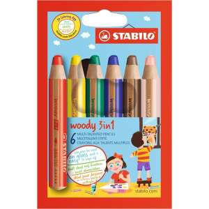 Stabilo Woody 3 in 1 Multitalent Stifte, 6er Pack, sortierte Farben, Malstifte, Wachsmalstifte und wasserlösliche Stifte - Kreiden