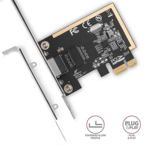 Sieťová karta Axagon PCEE-GRF Gigabit Ethernet PCI-Express, zobrazujúca kartu so štandardnými a nízkoprofilovými konzolami