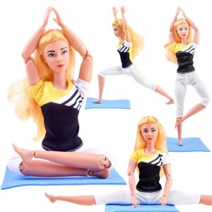 Collage of Yoga Fitness Doll in various poses on blue mat - Nonbrand Baba