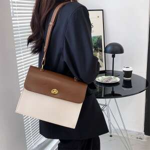 Dollcini women's shoulder bag, white and brown PU leather handbag, stylish and elegant, perfect for work, travel, or everyday use - Dollcini