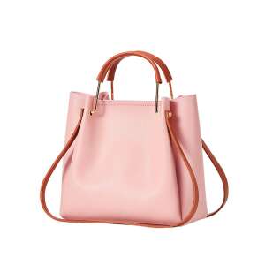 Różowa torebka z PU skóry z brązowymi uchwytami i złotym akcentem metalowym - Torebki