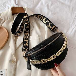 Schwarze PU-Leder Bauchtasche mit goldener Kettenkette, Dollcini Damen Bauchtasche - Handtaschen