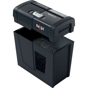 Rexel Secure X6 confetti paper shredder, open, showing the shredder and the wastebasket - Shredder