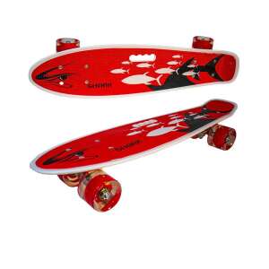 Red and white skateboard with shark design and LED wheels - Skateboarding