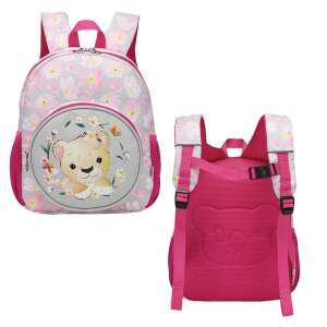 S-COOL LION Kindergarten Backpack, 31x24x9 cm, pink with floral pattern and lion design, front and back view - Preschool Backpack, Bag