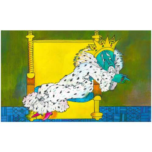 The Shivering King diafilm illustration, a king sitting on a throne, wearing a crown and fur coat