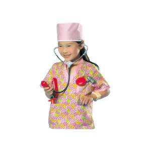 Girl wearing a pink nurse costume with a stethoscope and other medical accessories - Costume for Kid