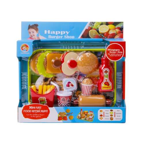 Zestaw do zabawy Happy Burger Shop dla dzieci, w zestawie taca, hamburgery, frytki, napoje i wiele innych
