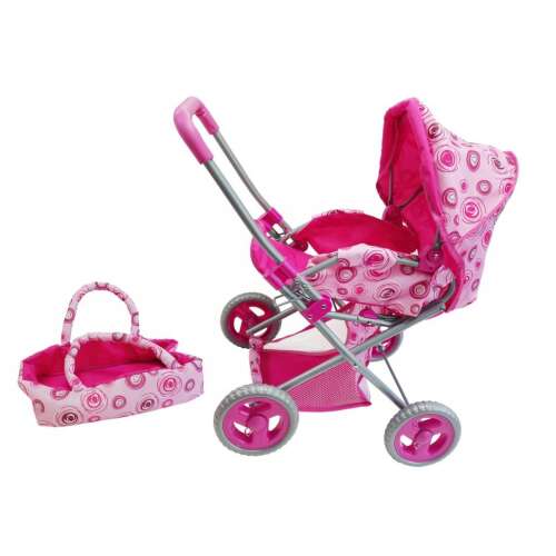 Różowy wózek dla lalek z koszem, idealny do zabawy w udawanie