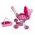 Różowy wózek dla lalek z koszem, idealny do zabawy w udawanie
