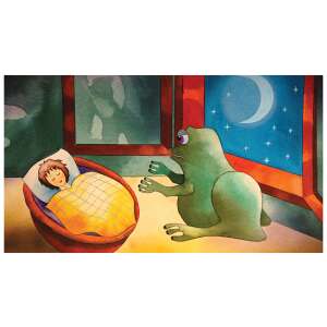 Ilustracja diafilmu Pöttöm Panna, dziewczyna śpi w łóżku, żaba patrzy przez okno - Film slajdowy