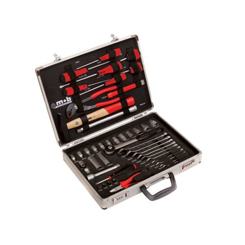 MOB Peddinghaus 44-piece tool set in aluminum case, includes wrenches, sockets, screwdrivers, pliers, and hammer